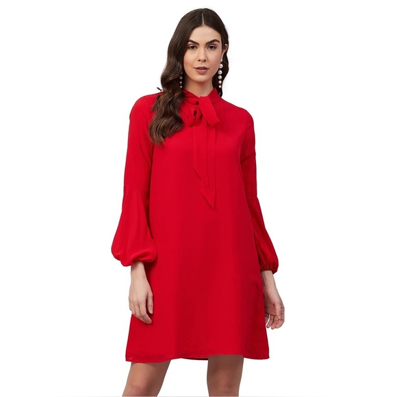 Forever 21 Red Tie Front Puff Sleeve Dress - Picture 2 of 10